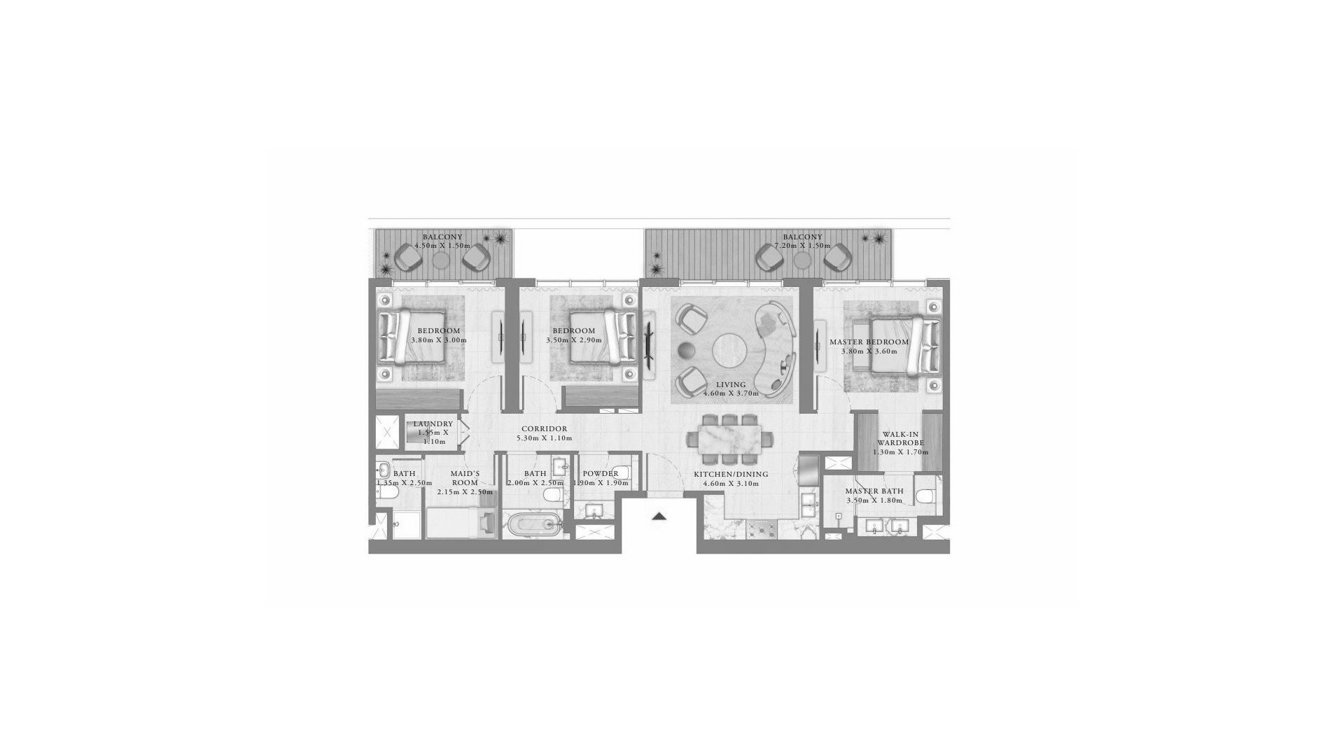 Планировка квартиры 3 спальни в ЖК SEAPOINT RESIDENCES № 11008